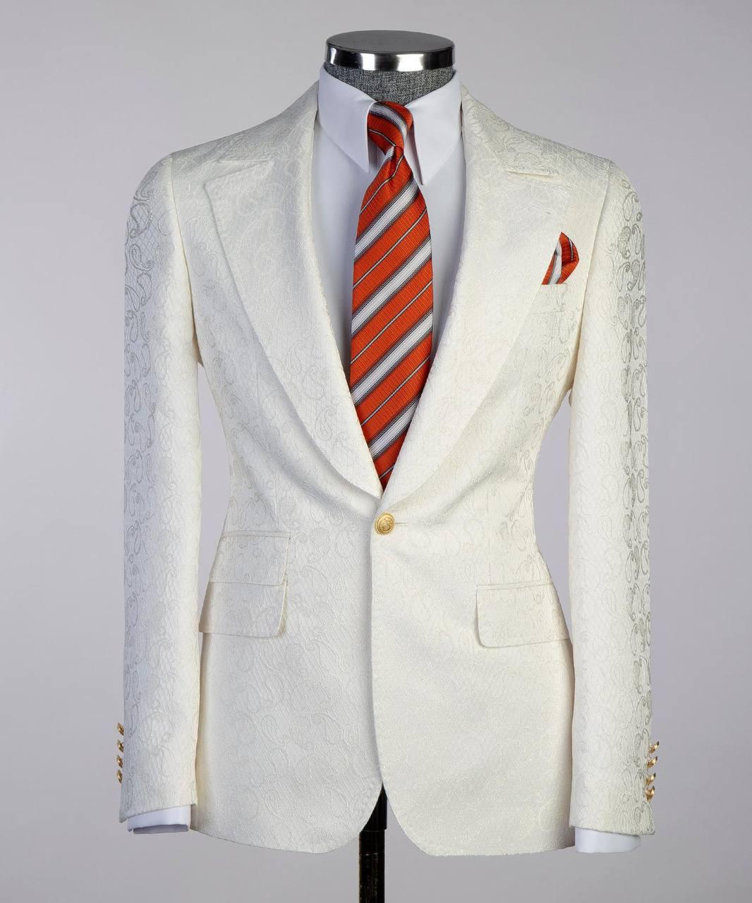 White Jacquard Double Breasted Suit