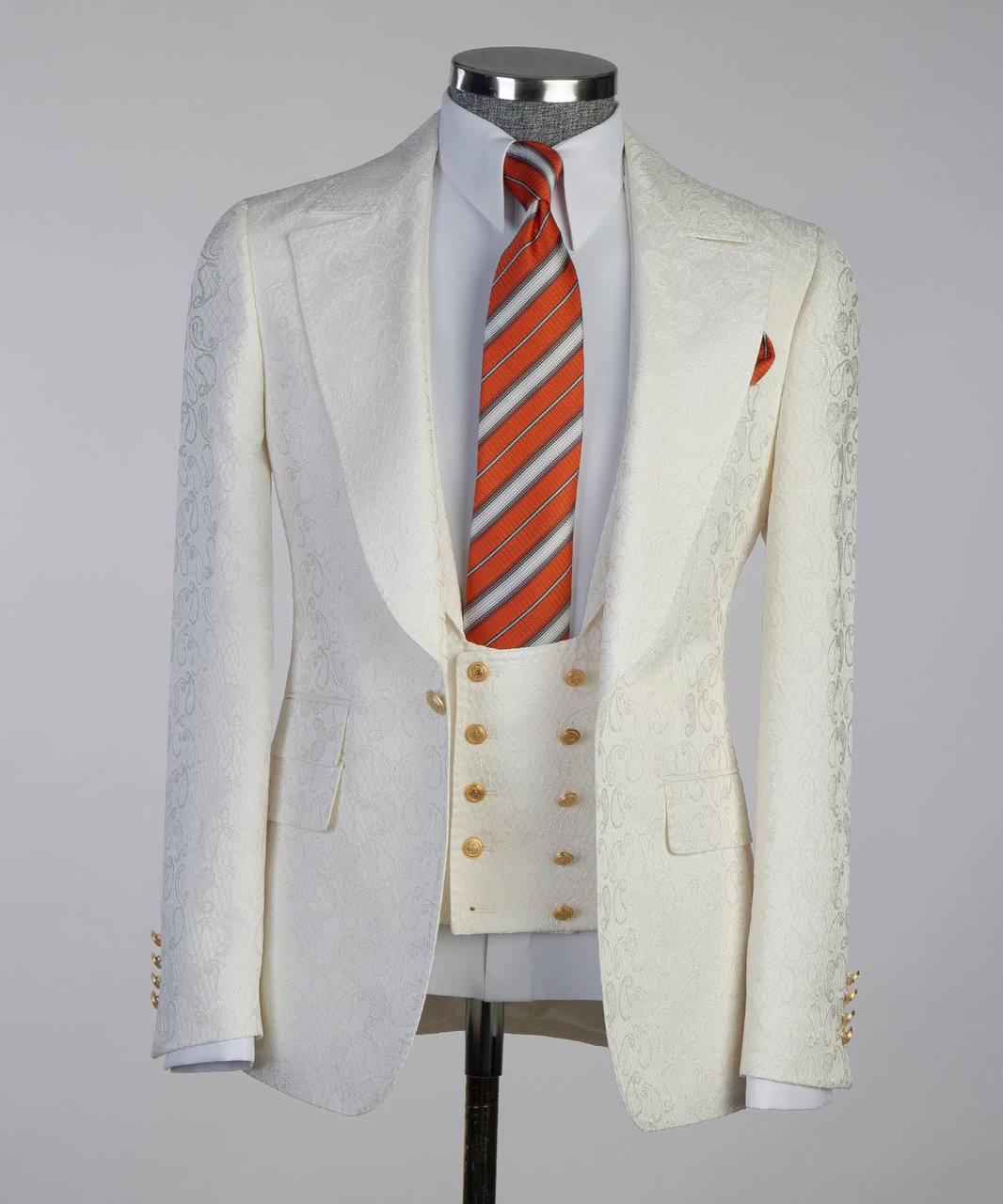 White Jacquard Double Breasted Suit